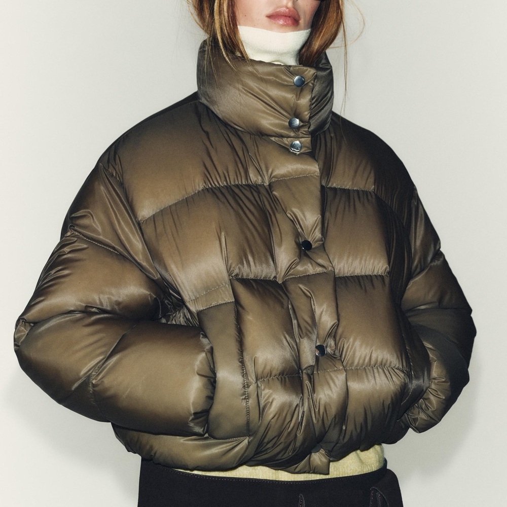 New Zara WATER REPELLENT WINDPROOF SHORT PUFFER COAT in khaki -Xs